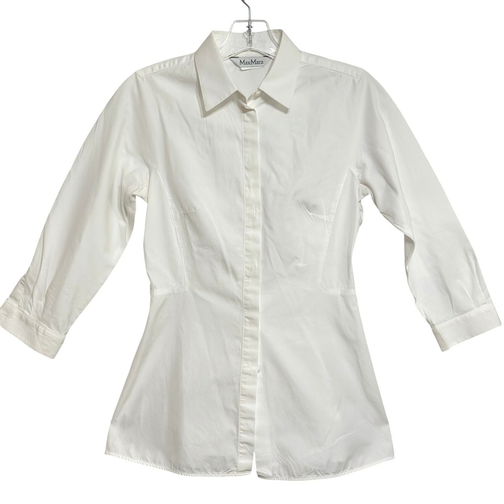 Max Mara White Cotton Poplin Blouse Princess Seam Elastic Back 3/4 Sleeves 4/6
